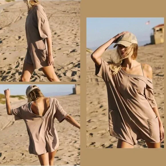 Free People Hot Shot Tee Romper in Mocha Latte Tan Color NWOT Size Large - Picture 2 of 10